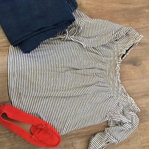 Pink rose off the shoulder black white stripe